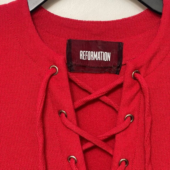 Reformation Caroline Lace-Up Neck Short-Sleeve Mini Dress in Red Size XS - Picture 9 of 13